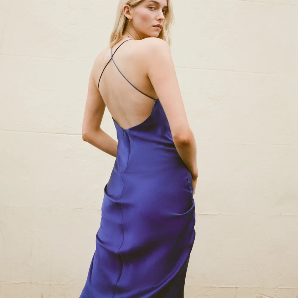 Zara Blogger Fave Satin Effect Blue Midi Maxi Cross Back Dress - Picture 4 of 12